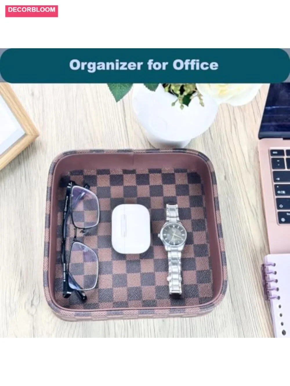 Leather Valet Tray Solid Wood Inside Key Catch All Dish Organizer for Desk